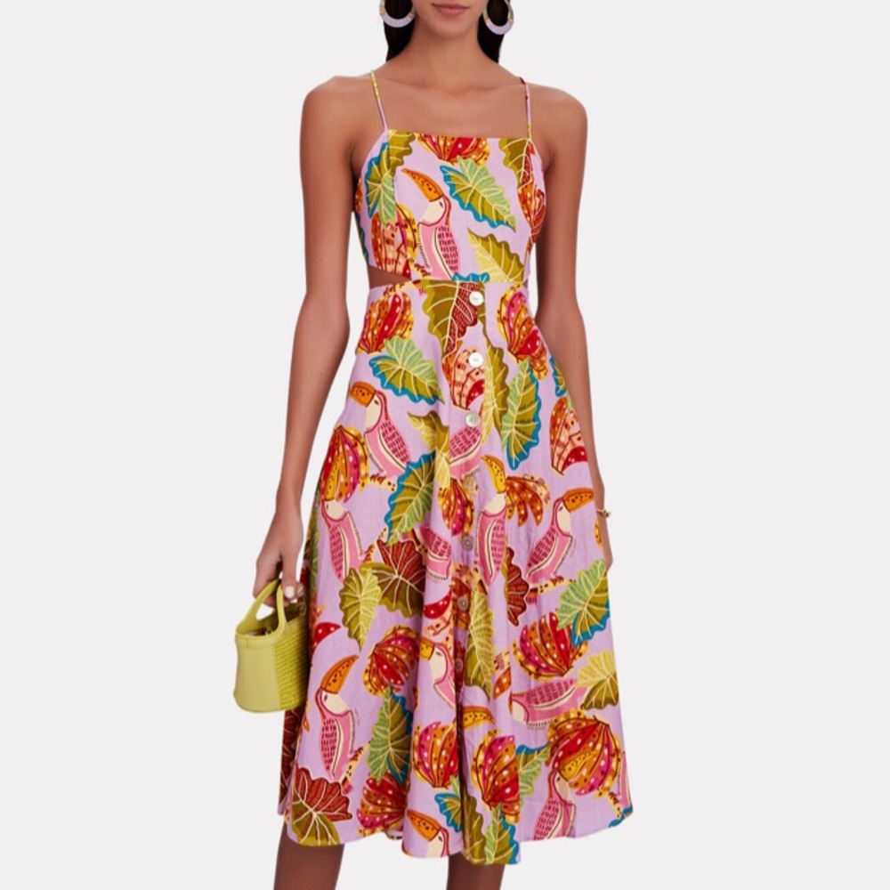FARM RIO Lilac Beaks And Bananas Midi Dress (NWT)